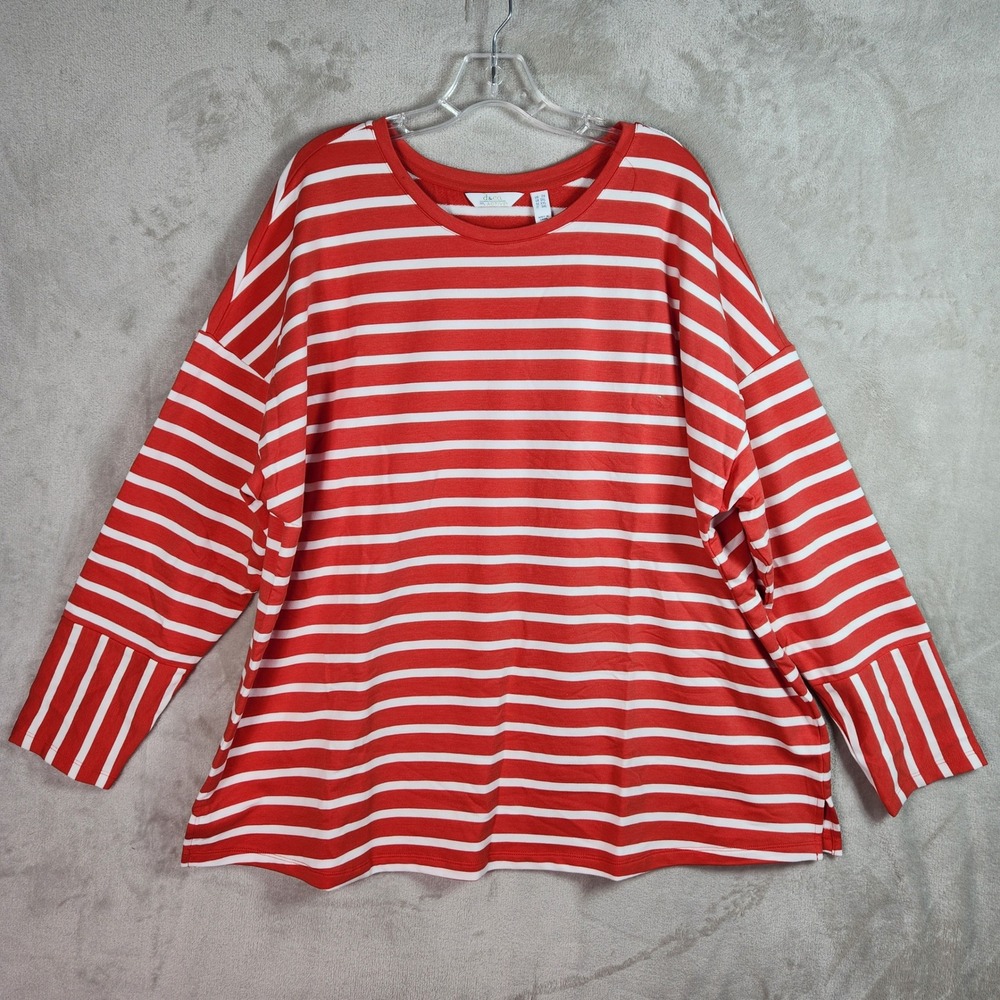Denim & Co‎ Top Womens 2X Poppy Red French Terry Drop Shoulder Striped A681734